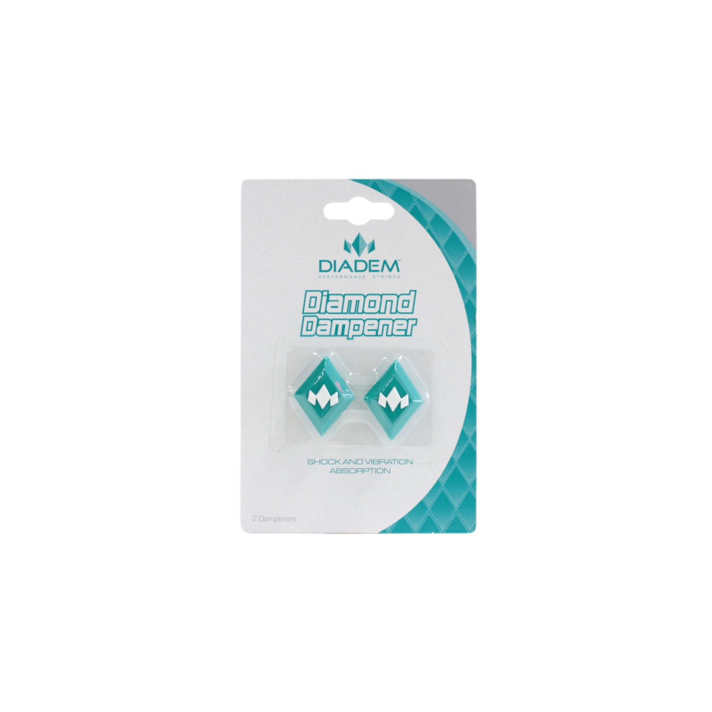 The Diadem Sports Diamond Dampener 2-Pack includes two turquoise dampeners with white logos on a white card with teal accents. Packaging highlights “Diamond Dampener” and their ability to reduce shock and string vibration.