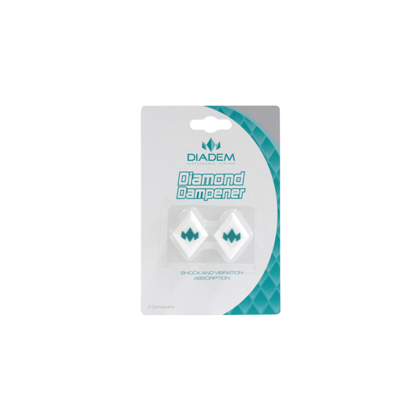 The Diadem Sports Diamond Dampener 2-Pack includes two white dampeners with teal diamond designs in a clear case, reducing string vibration and shock. The retail packaging features teal accents on a white card.