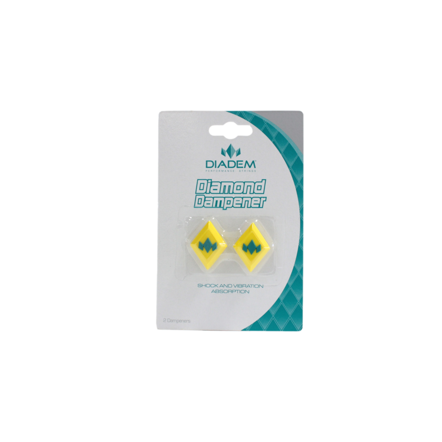 A white and teal package labeled "Diadem Sports Diamond Dampener 2-Pack" contains two yellow, diamond-shaped tennis dampeners with black zigzag designs to reduce shock and string vibration. The package features a geometric teal pattern on the right.