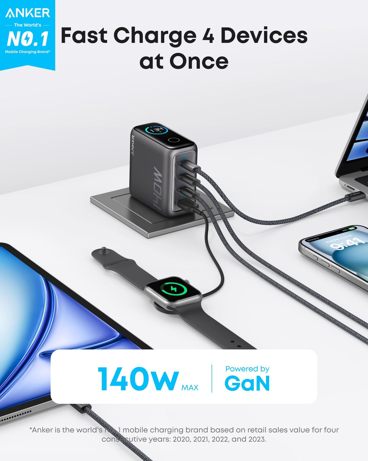 Anker Charger (140W, 4-Port, PD 3.1) with USB-C Cable charges your smartphone, smartwatch, laptop, and tablet simultaneously. Features Fast Charge for 4 Devices at Once, powered by GaN Technology. Anker is the world’s No.1 mobile charging brand.