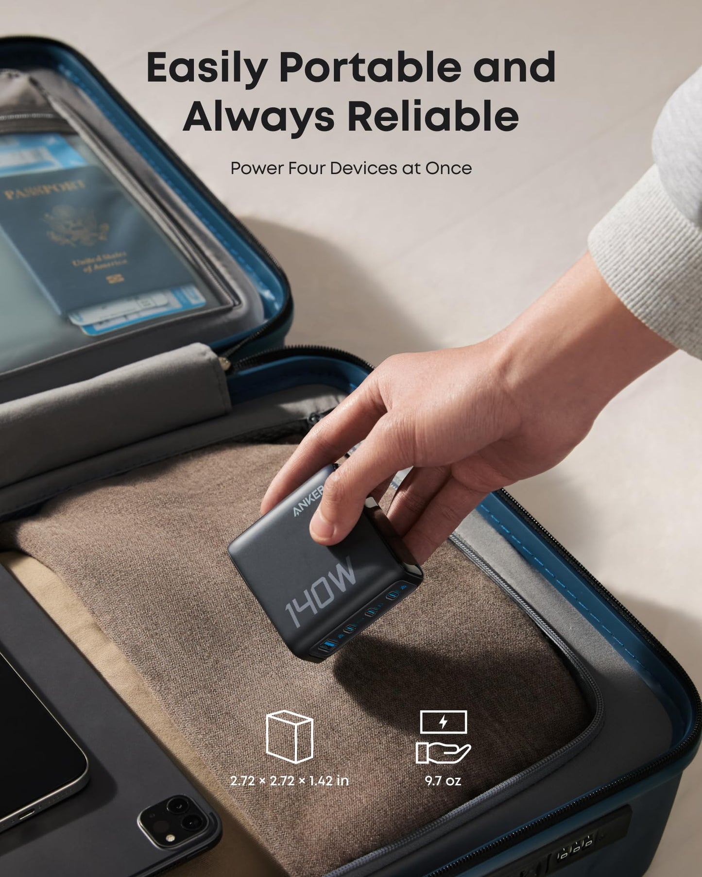 A hand packs the Anker Charger (140W, 4-Port, PD 3.1) with USB-C Cable into a suitcase alongside travel essentials. Text: Compact & Dependable—Power 4 Devices Simultaneously. Just 2.72 in, weighs 9.7 oz.