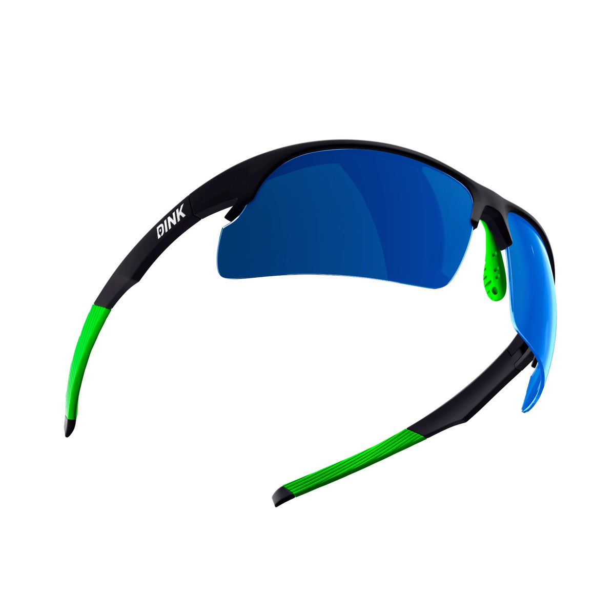 Daytona Pickleball Sunglasses by Dink Eyewear feature a sporty wrap design with a black frame, green arms and nose pads, and blue mirrored lenses—lightweight and perfect for outdoor activities like pickleball.