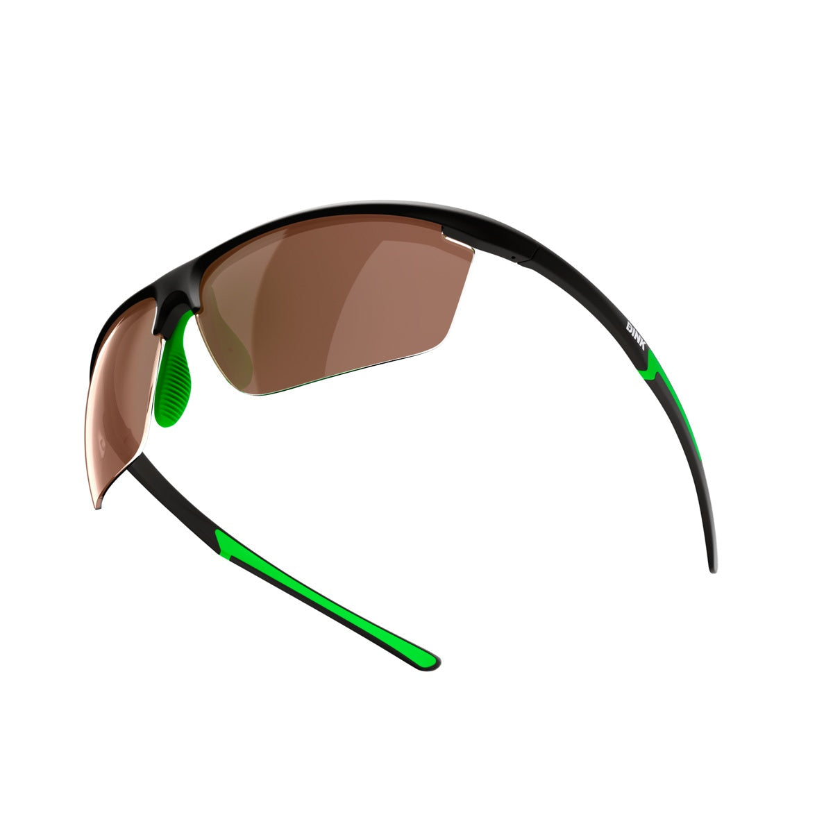 The Dink Eyewear Daytona Petite Sunglasses feature a sporty wrap design with brown-tinted, semi-rimless lenses, a lightweight black frame, and bright green accents on the temples and nose pads.