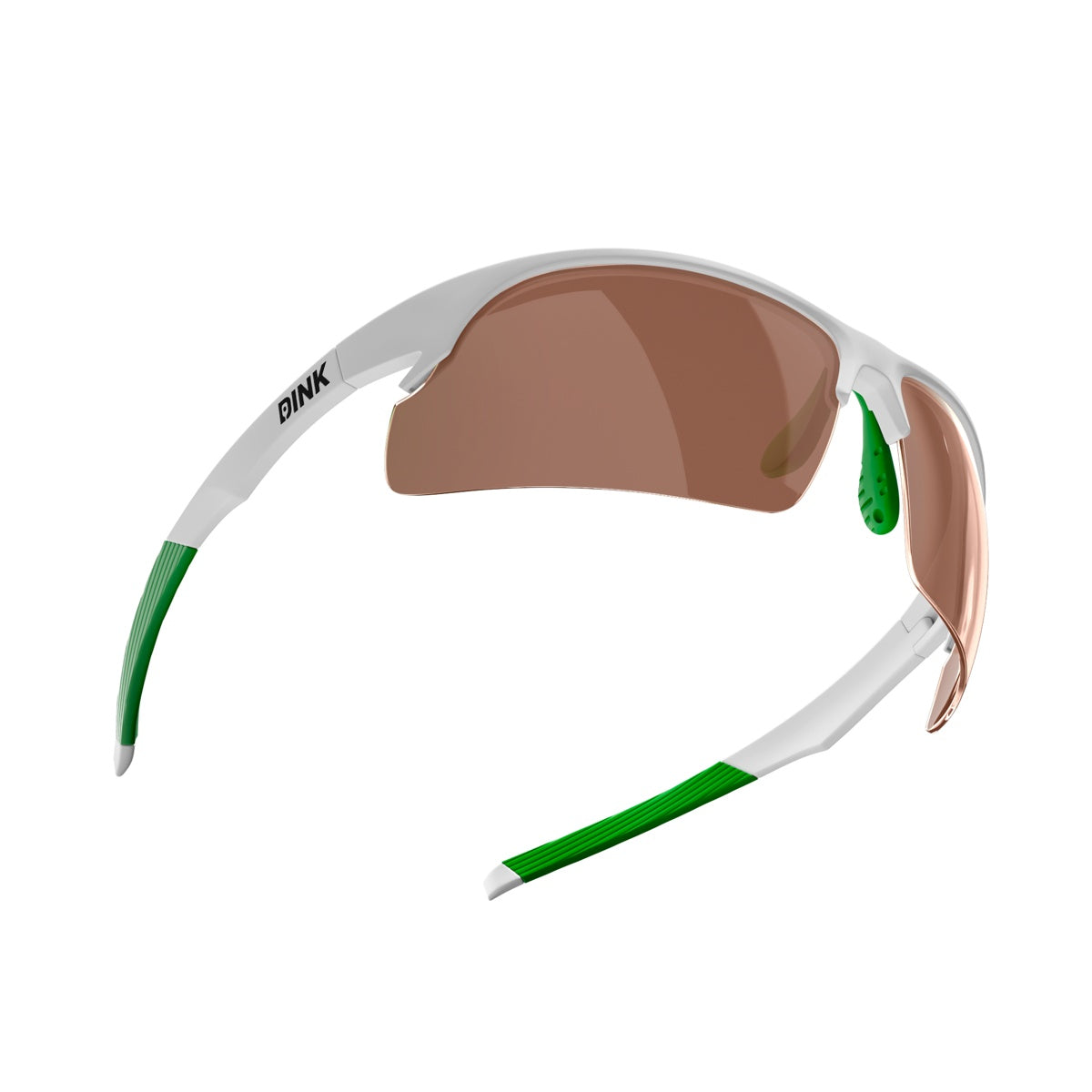 Daytona Sunglasses by Dink Eyewear feature white frames, green rubber grips, and brown-tinted lenses. These lightweight, semi-rimless sports glasses with the DINK logo on the left arm are perfect pickleball sunglasses.