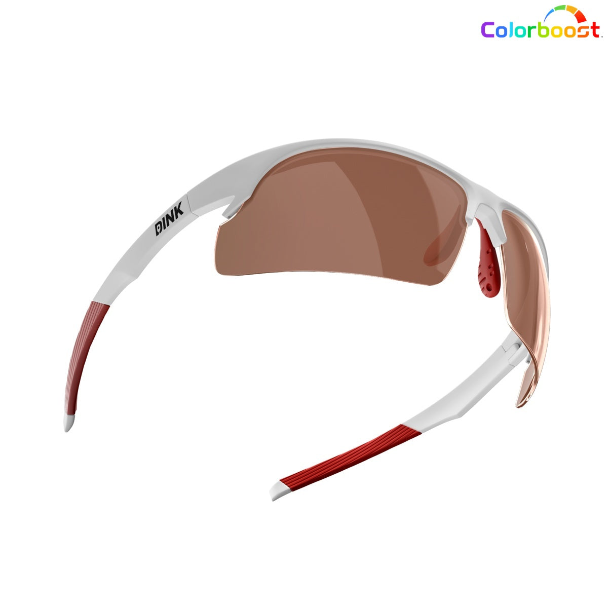 The Dink Eyewear Daytona Sunglasses - White/Red feature a sporty white and red wrap design, brown-tinted wraparound lenses, red rubber nose pads, the DINK logo on the left temple, and the Colorboost logo on a plain white background.