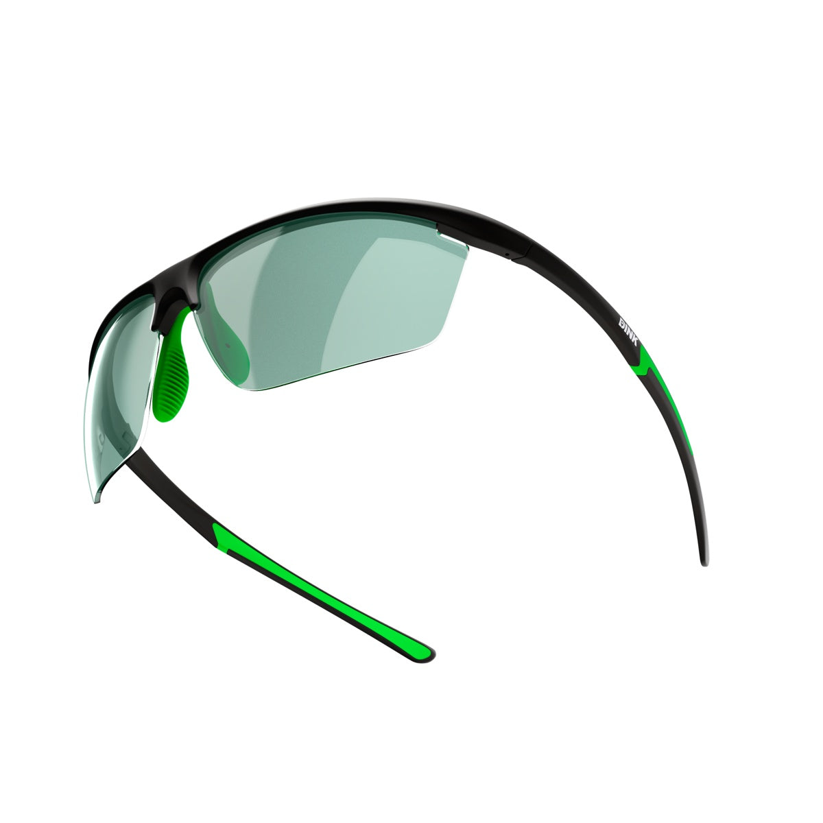 The Dink Eyewear Daytona Petite Pickleball Sunglasses in Black/Green feature a sleek, lightweight wrap design with green accents and large green-tinted lenses—perfect sporty eyewear for active outdoor use.