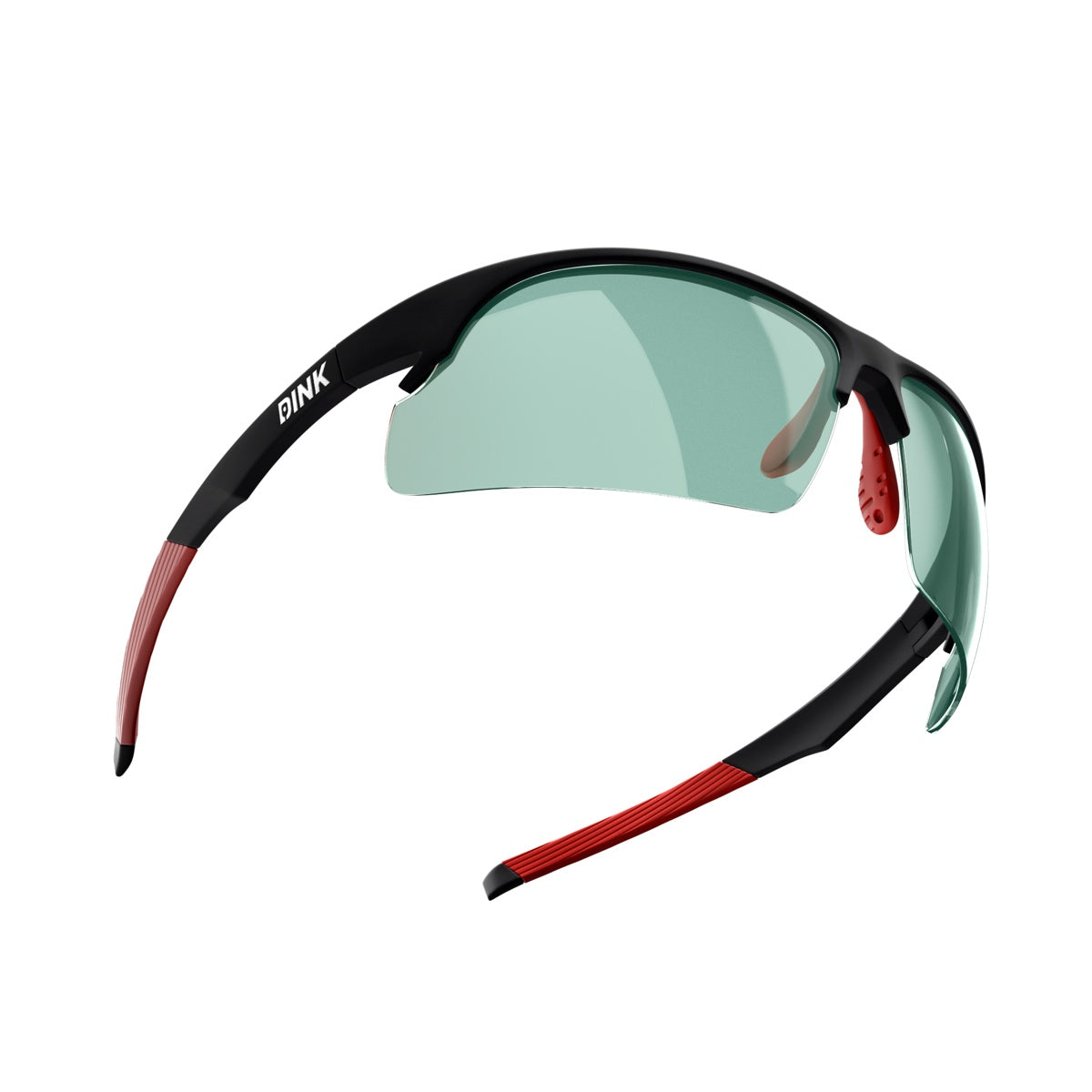 Dink Eyewear’s Daytona Sunglasses - Black/Red feature a sporty wrap, semi-rimless black frame, red rubberized arms, green-tinted wrap lenses, red nose pads for comfort, and “QINK” printed in white on the left temple.