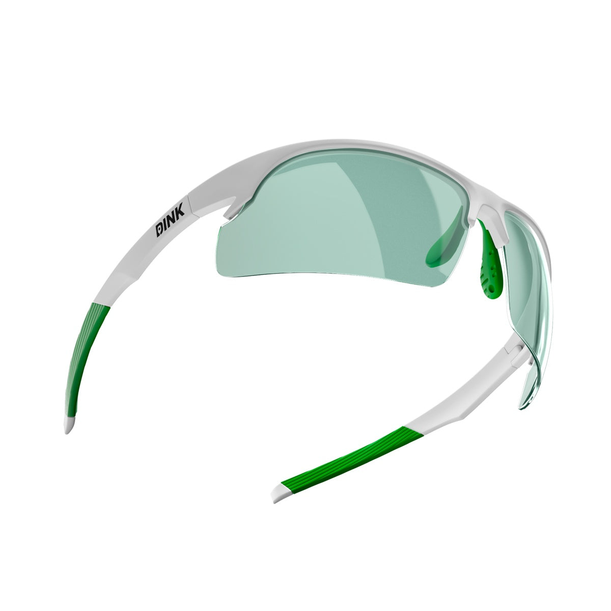 The Dink Eyewear Daytona Pickleball Sunglasses in white and green feature light green wraparound lenses for full coverage, comfortable green grips and nose pads, plus "DINK" branding on the left arm—ideal for pickleball players.