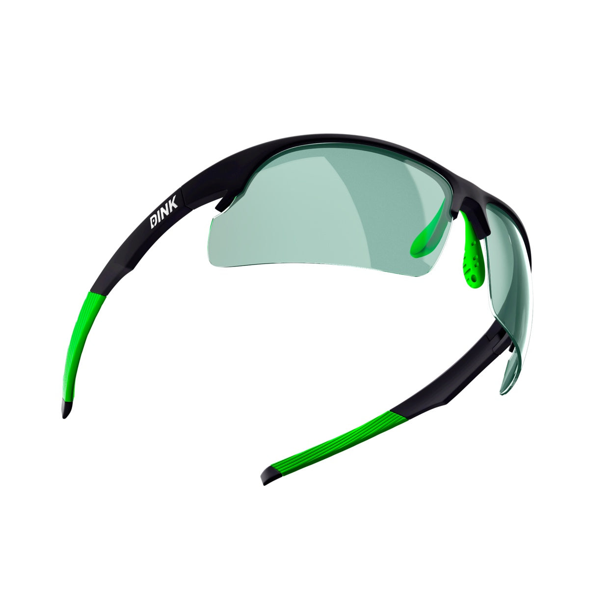 The Daytona Pickleball Sunglasses by Dink Eyewear feature a sporty wrap design with a black frame, green-tinted semi-rimless lenses, green nose pads and accents, plus the white Dink Eyewear logo on the left arm. Shown angled for front and side views.