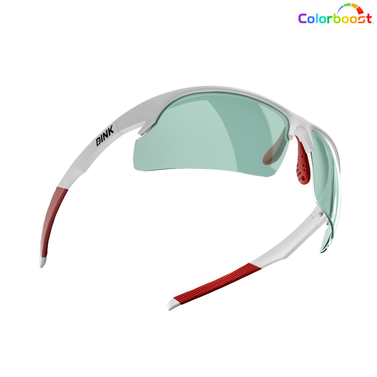 The Daytona Sunglasses - White/Red by Dink Eyewear feature green-tinted, semi-rimless lenses, a lightweight frame, red rubber grips, "DINK" on the left temple, and the Colorboost logo in the top right corner.