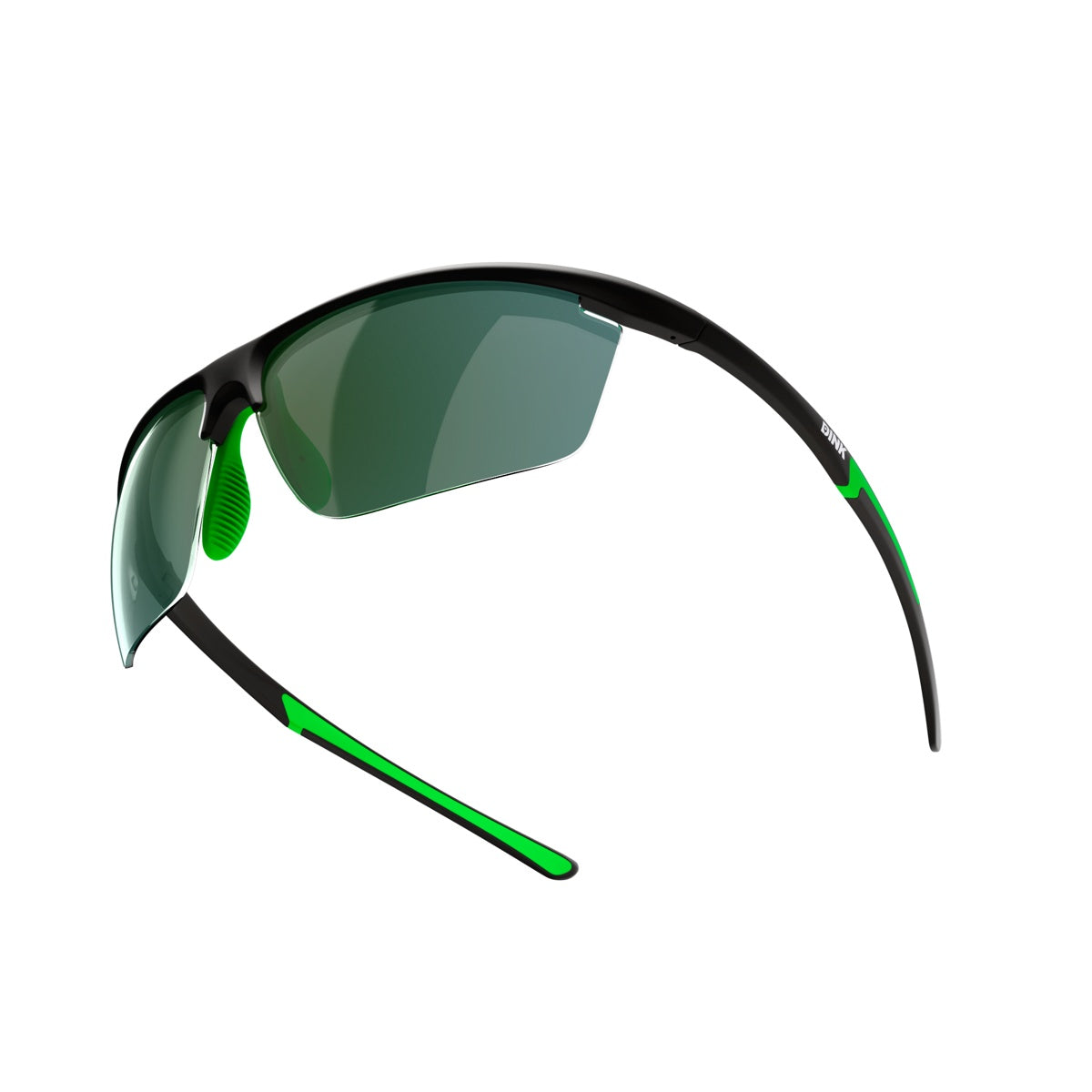 The Dink Eyewear Daytona Petite Sunglasses feature a lightweight black frame with green accents, dark tinted semi-rimless lenses, and a sporty wrap design for comfort and aerodynamic performance during active pursuits.