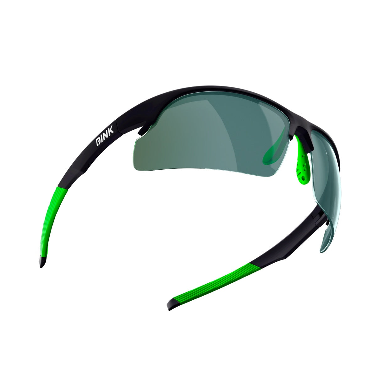 The Dink Eyewear Daytona Pickleball Sunglasses in Black Green feature black frames, green temple tips and nose pads, curved dark gray lenses, a white BINK logo on the left arm, and an aerodynamic sporty wrap design.
