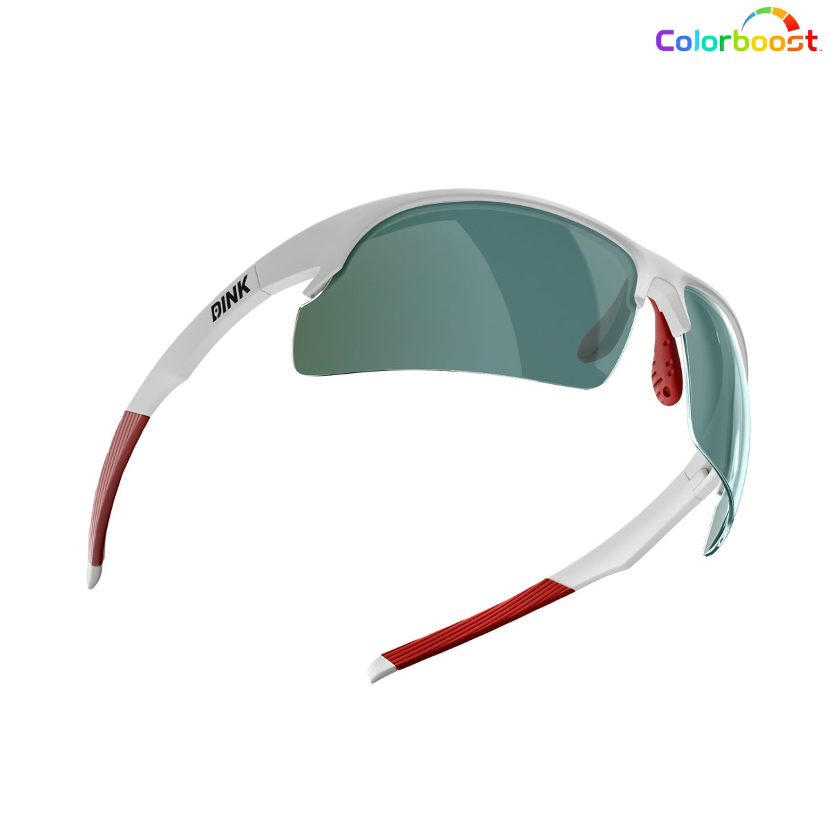 The Daytona Sunglasses - White/Red by Dink Eyewear feature a sporty wrap design with a white and red frame, green-tinted wraparound lens, red rubber ear/nose grips, DINK branding on the left temple, and a Colorboost logo in the top right corner.