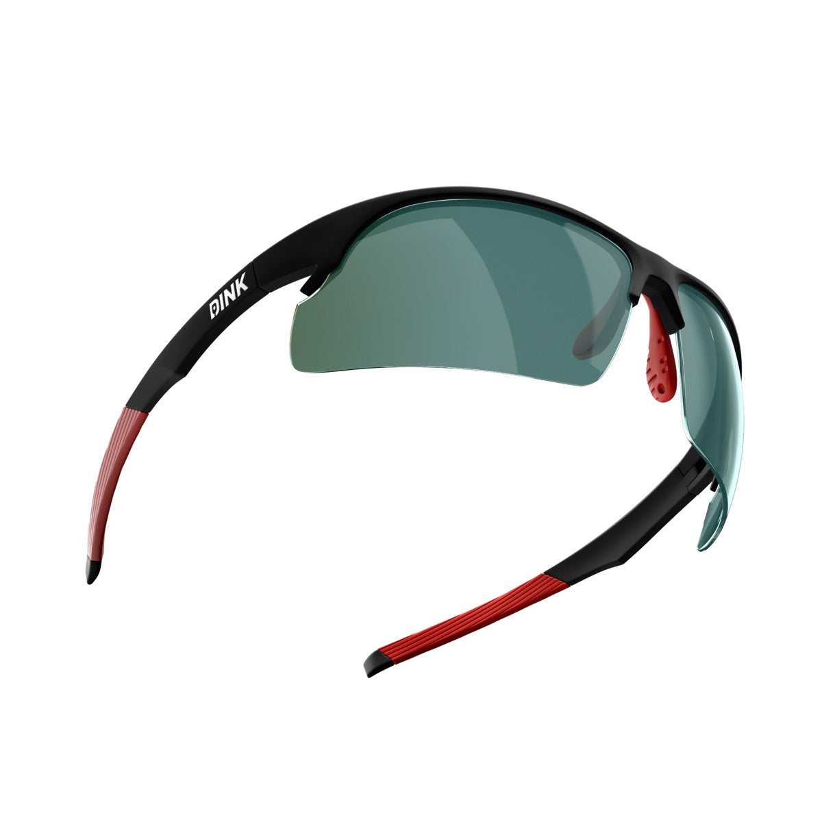 The Daytona Sunglasses - Black/Red by Dink Eyewear feature a lightweight black frame, red ear and nose pads, green-tinted semi-rimless lenses, and a sporty wrap design with curved temples. The white OINK logo accents the left arm.