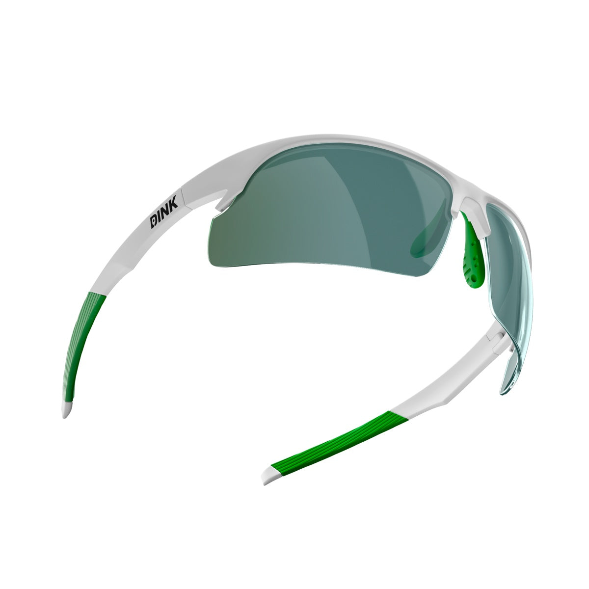The Daytona Sunglasses - White/Green by Dink Eyewear feature green-tinted lenses, green nose pads, green rubber temple grips, a black “DINK” logo, and a lightweight semi-rimless white frame for sporty comfort.