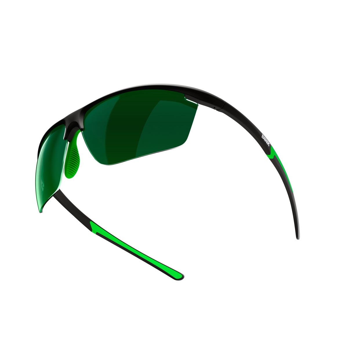 The Dink Eyewear Daytona Petite Pickleball Sunglasses in Black/Green feature a sleek frame with vibrant green accents and wraparound curved lenses, offering a secure fit—perfect for pickleball or any outdoor activity.