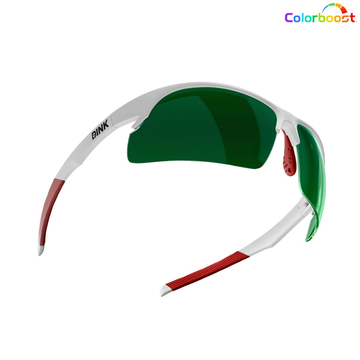 The Daytona Sunglasses - White/Red by Dink Eyewear feature a sporty wrap design with a white frame, green-tinted lenses, and red ear and nose grips. "DINK" appears on one arm, along with a Colorboost logo in the top right corner.
