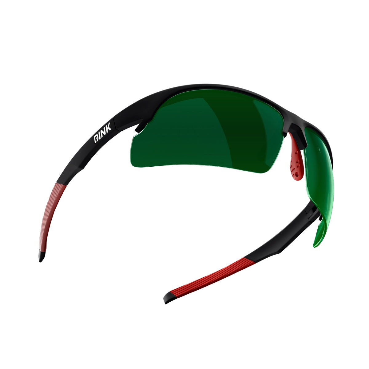 The Daytona Sunglasses - Black/Red by Dink Eyewear feature a lightweight black frame, red arms, green-tinted wraparound lenses, and red rubber nose pads and earpieces for comfort. "Dink Eyewear" is printed in white on the left arm.