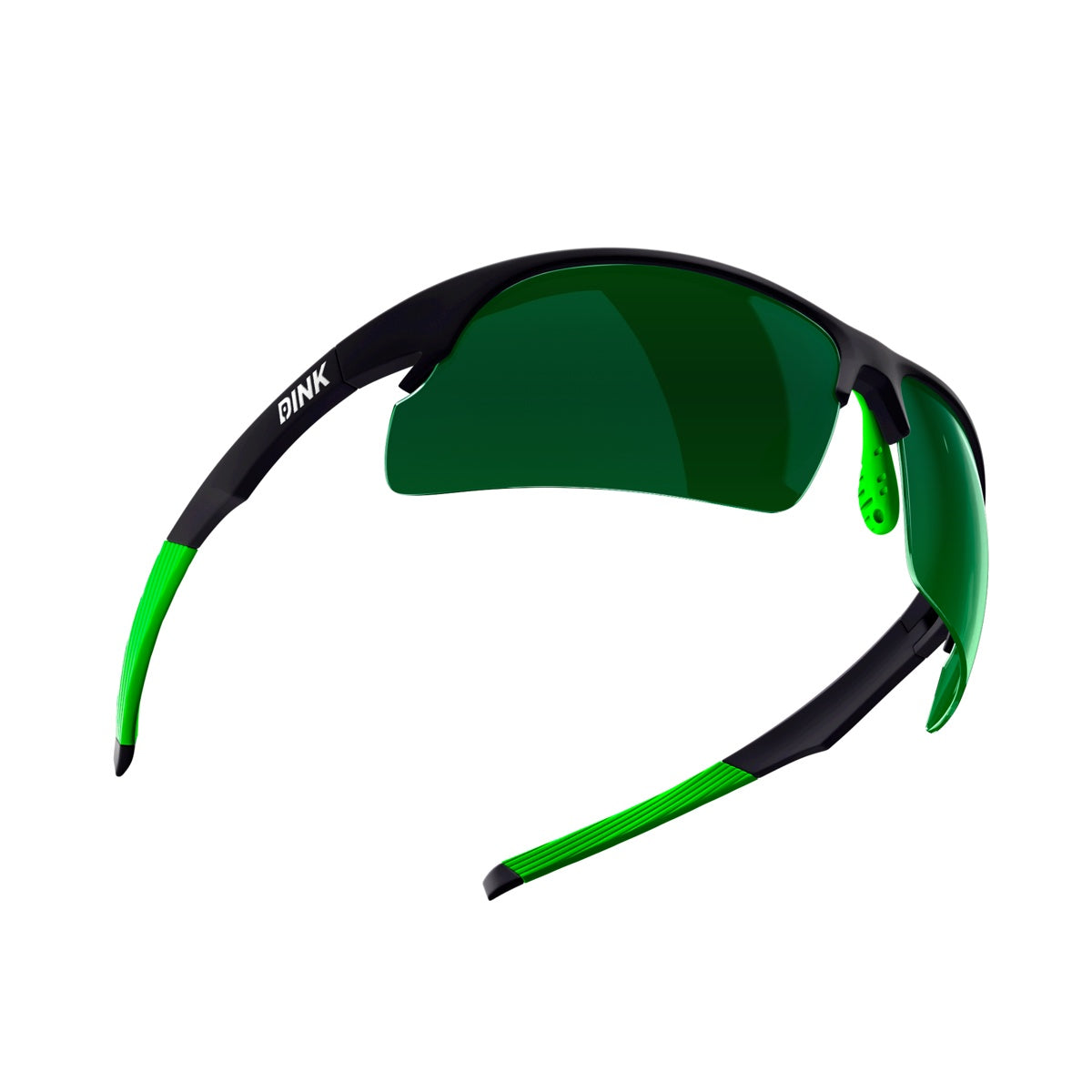Dink Eyewear's Daytona Pickleball Sunglasses feature a lightweight black frame with bright green arms and nose pads, a single green-tinted wraparound lens, and the DINK logo in white on the left arm. Shown on a plain white background.