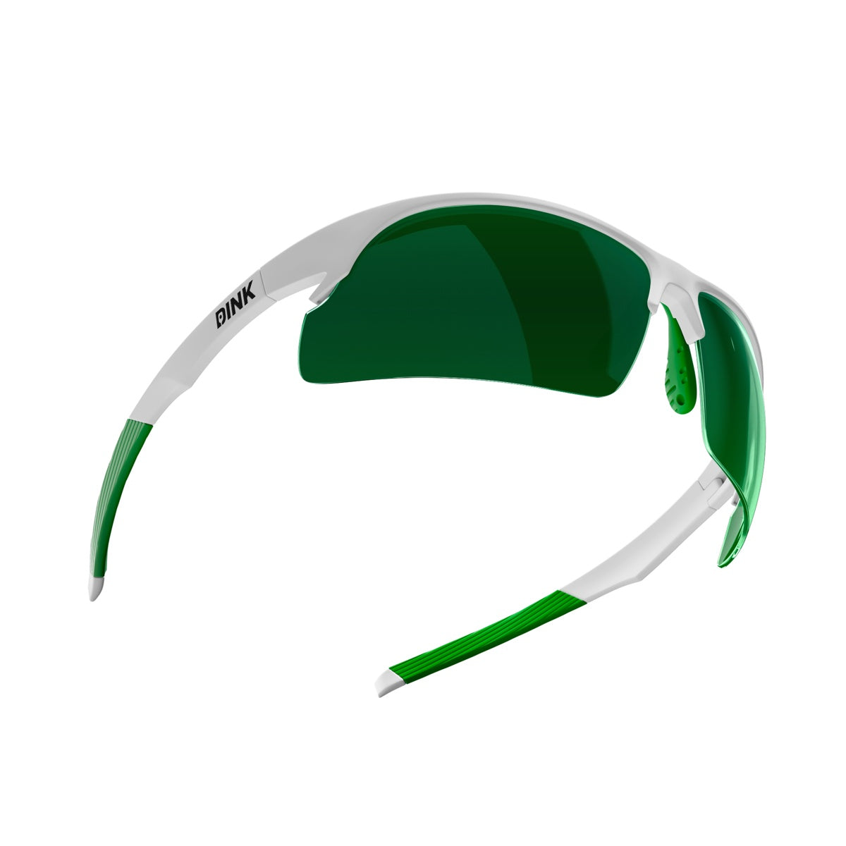The Daytona Sunglasses - White/Green by Dink Eyewear are semi-rimless sports glasses, lightweight and designed for active lifestyles—ideal for outdoor adventures or as your preferred pickleball sunglasses.