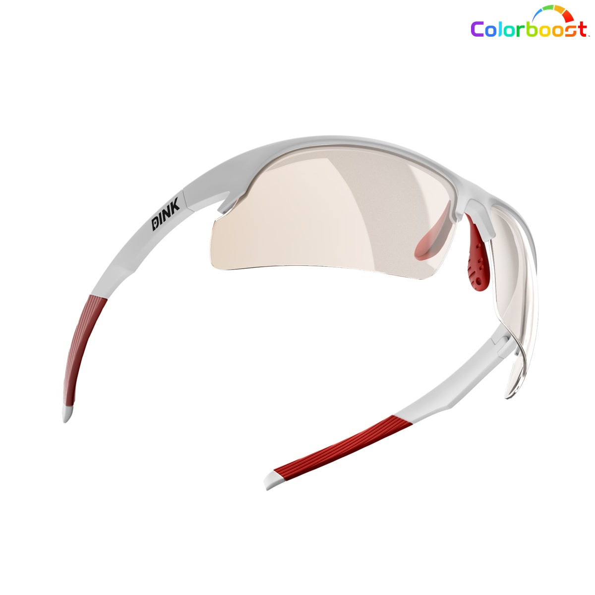 Daytona Sunglasses - White/Red by Dink Eyewear: sporty white frames with red-accented arms, a single wraparound pale lens, “DINK” printed on the left arm, and the Colorboost logo in the top right corner on a white background.