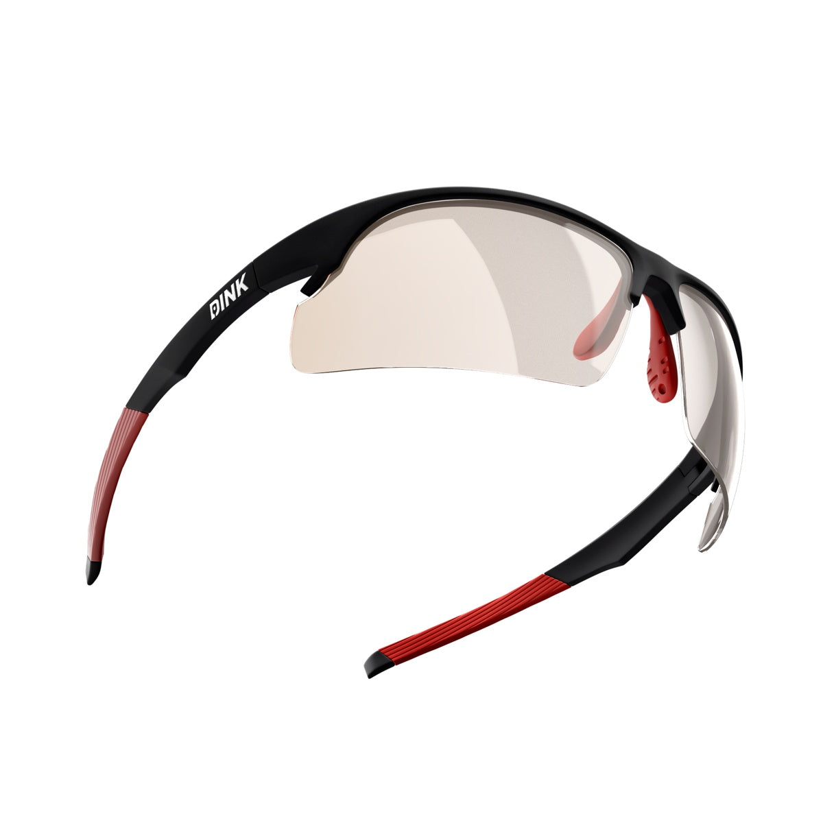 The Daytona Pickleball Sunglasses by Dink Eyewear feature a sporty wrap design with a black frame, red ear and nose pads, slightly tinted wraparound lenses, and "DINK" in white on the left temple—sleek, aerodynamic, and perfect for pickleball.