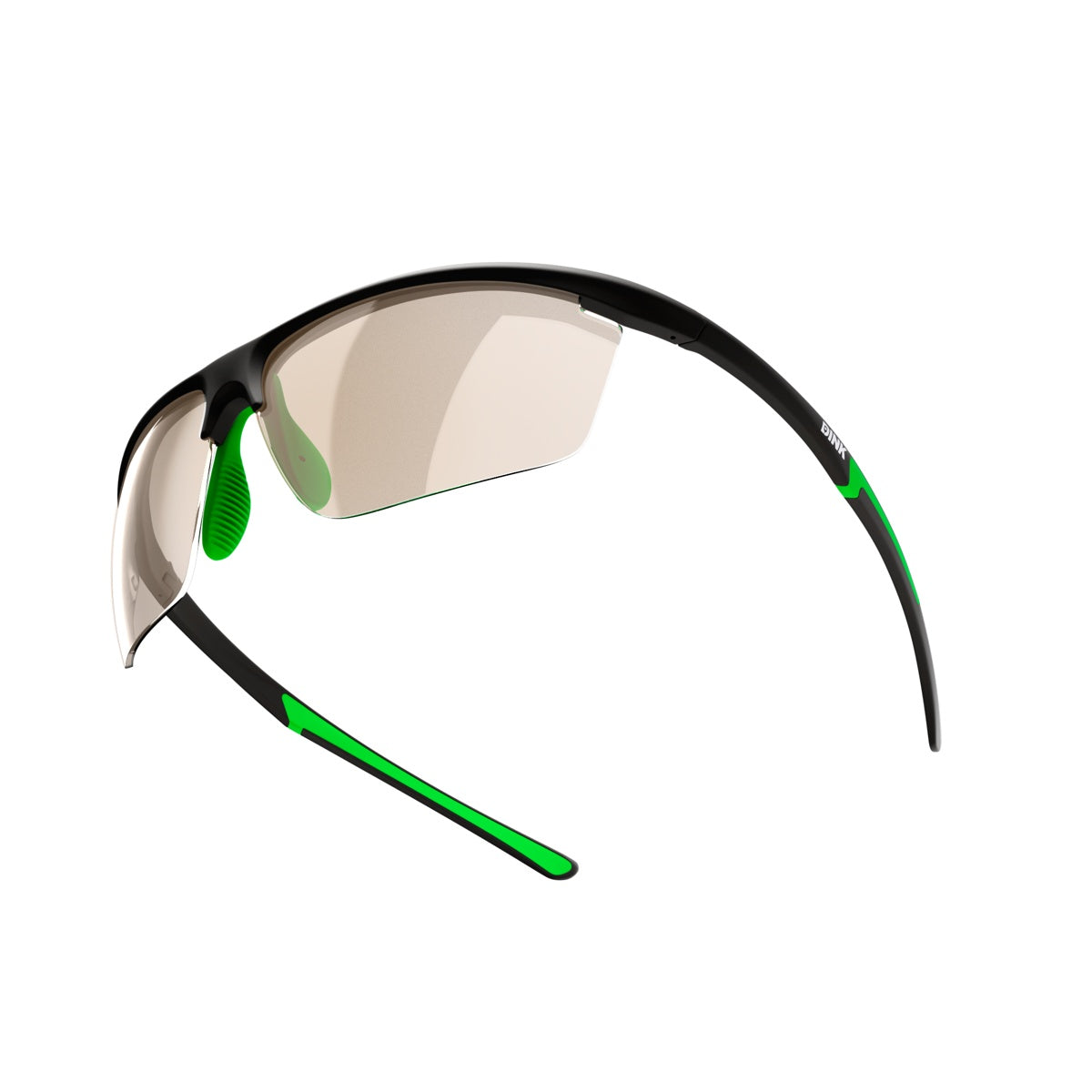 Daytona Petite Pickleball Sunglasses by Dink Eyewear feature a sleek black sporty wrap design, semi-rimless light brown lenses, green rubber nose pads, and green temple accents—perfect pickleball glasses.