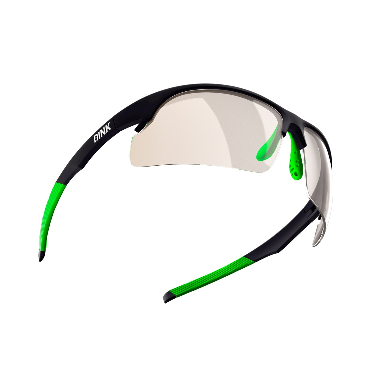 The Dink Eyewear Daytona Pickleball Sunglasses feature a sporty wrap design with a black frame, green temple tips and nose pads, lightly tinted lenses for full coverage, and "OINK" in white on the left arm.