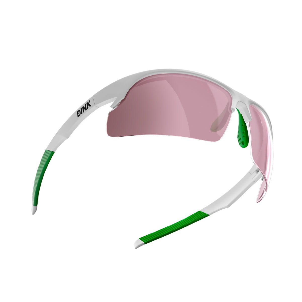 The Daytona Sunglasses - White/Green by Dink Eyewear are lightweight, semi-rimless sports glasses with a white frame, green temple tips and nose pads, and a pink curved lens—sleek style ideal for active use. “DINK” in black marks the left temple.
