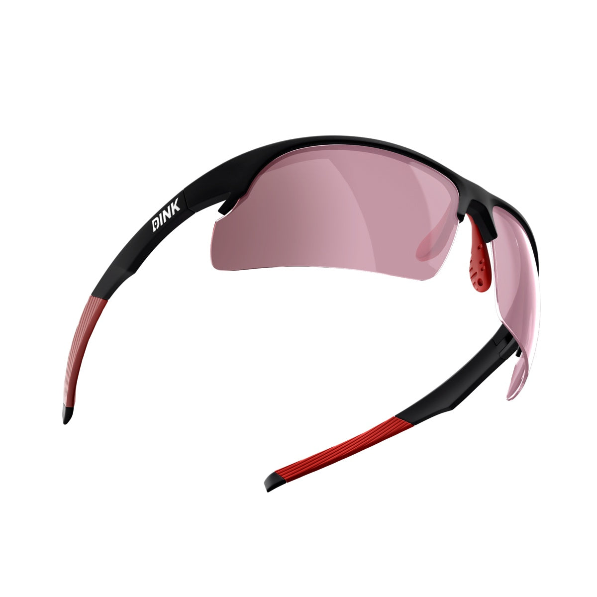 The Daytona Pickleball Sunglasses by Dink Eyewear feature a sleek black frame, red rubberized arms, and large pink-tinted wrap lenses. Lightweight and aerodynamic, "DINK" is printed in white on the left arm near the hinge.
