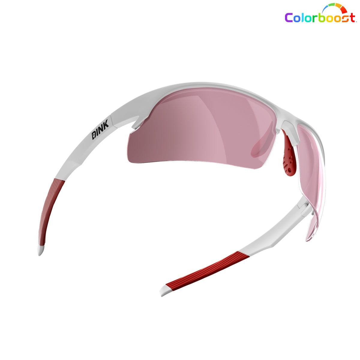 Dink Eyewear Daytona Sunglasses - White/Red feature a sporty wrap design with a white lightweight frame, red-tinted lenses, red rubber grips, and "PINK" on the side. Set against a white background with a colorful Colorboost logo in the top right.
