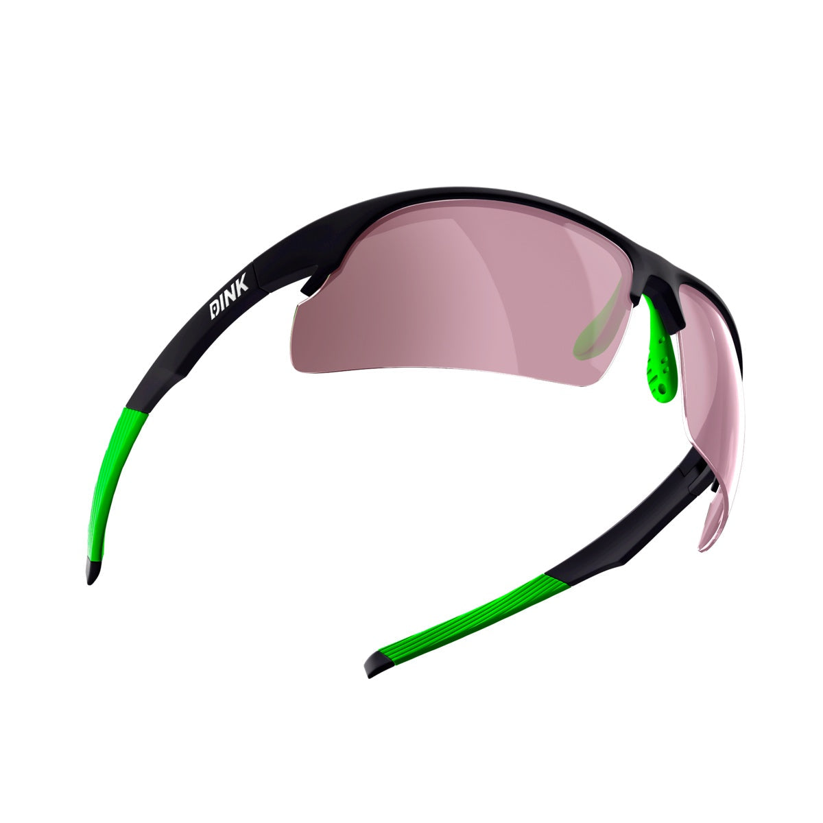 The Daytona Pickleball Sunglasses by Dink Eyewear feature a black frame, green earpieces, green nose pads, and pink-tinted wraparound lenses in a sleek, lightweight design. The Dink Eyewear logo appears in white on the left arm.