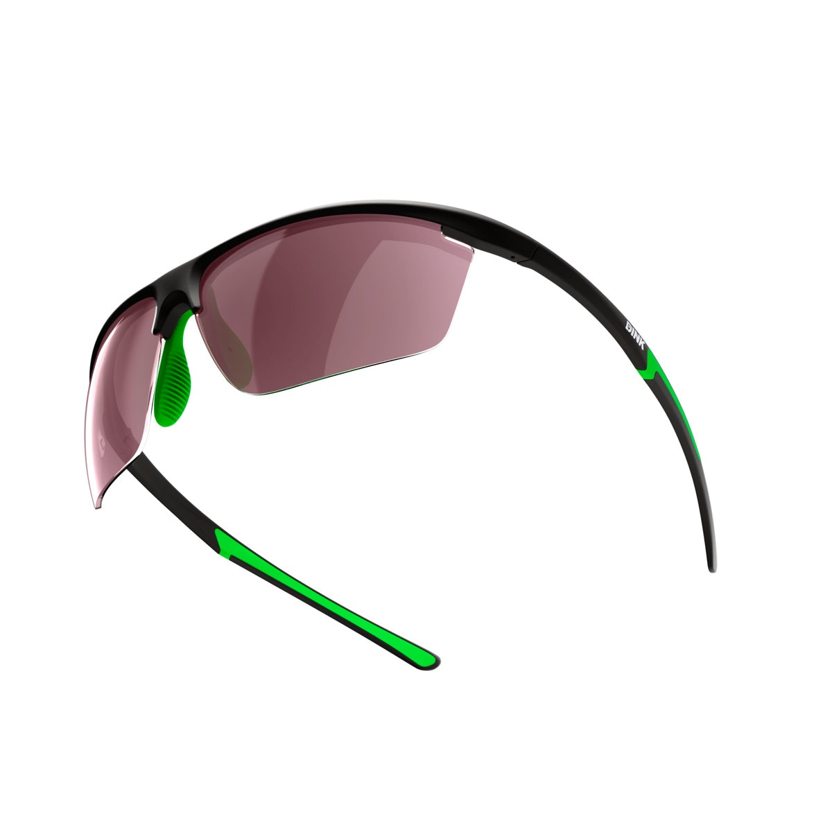 Dink Eyewear's Daytona Petite Pickleball Sunglasses in Black/Green feature a sporty wraparound design with semi-rimless red lenses and green details—ideal for pickleball, pictured on a white background.