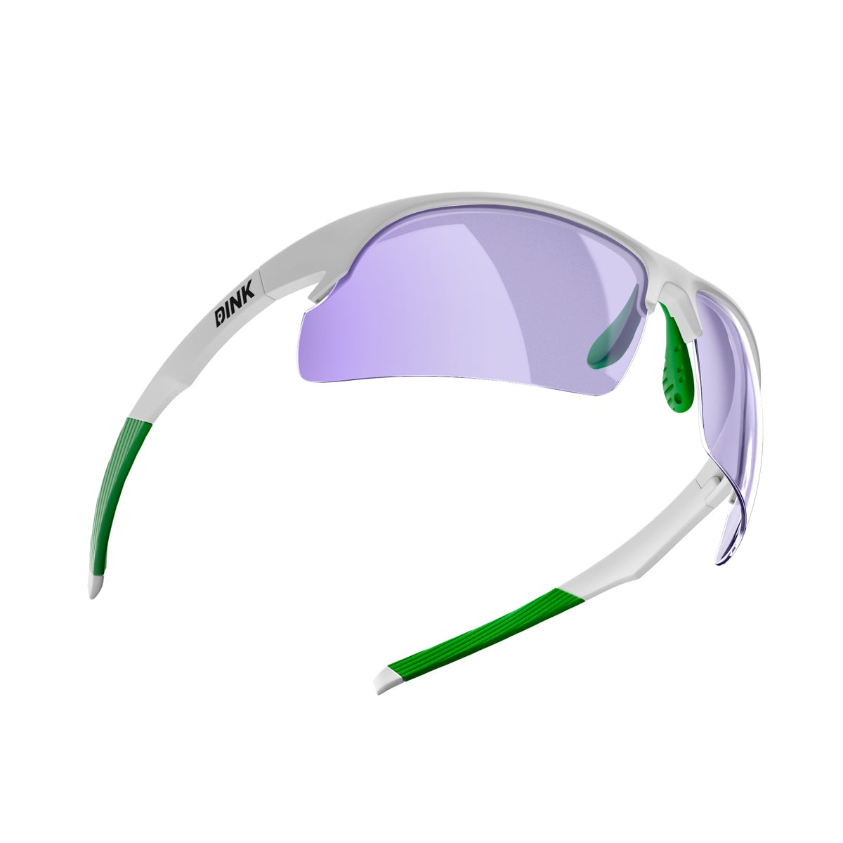 The Daytona Pickleball Sunglasses by Dink Eyewear feature a sporty white frame, green rubber grip accents, and a single purple-tinted lens. Black DINK branding is on the left arm—ideal for pickleball players seeking style and performance.