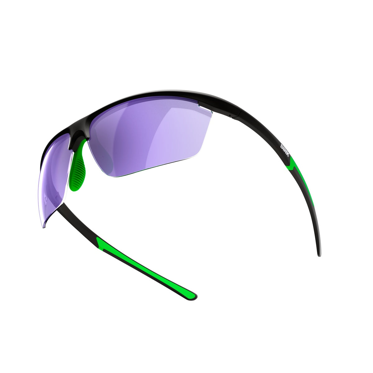The Dink Eyewear Daytona Petite Sunglasses in black feature a sporty wrap design, purple-tinted lenses, and bright green accents on the nose pads and earpieces, displayed in side view against a white background.