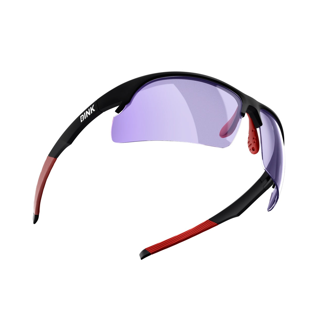 The Daytona Pickleball Sunglasses by Dink Eyewear feature a sleek black frame, semi-rimless wrap design, red rubber arm grips, and lightweight purple-tinted lenses. The left arm is branded with “Dink Eyewear” in white capital letters.