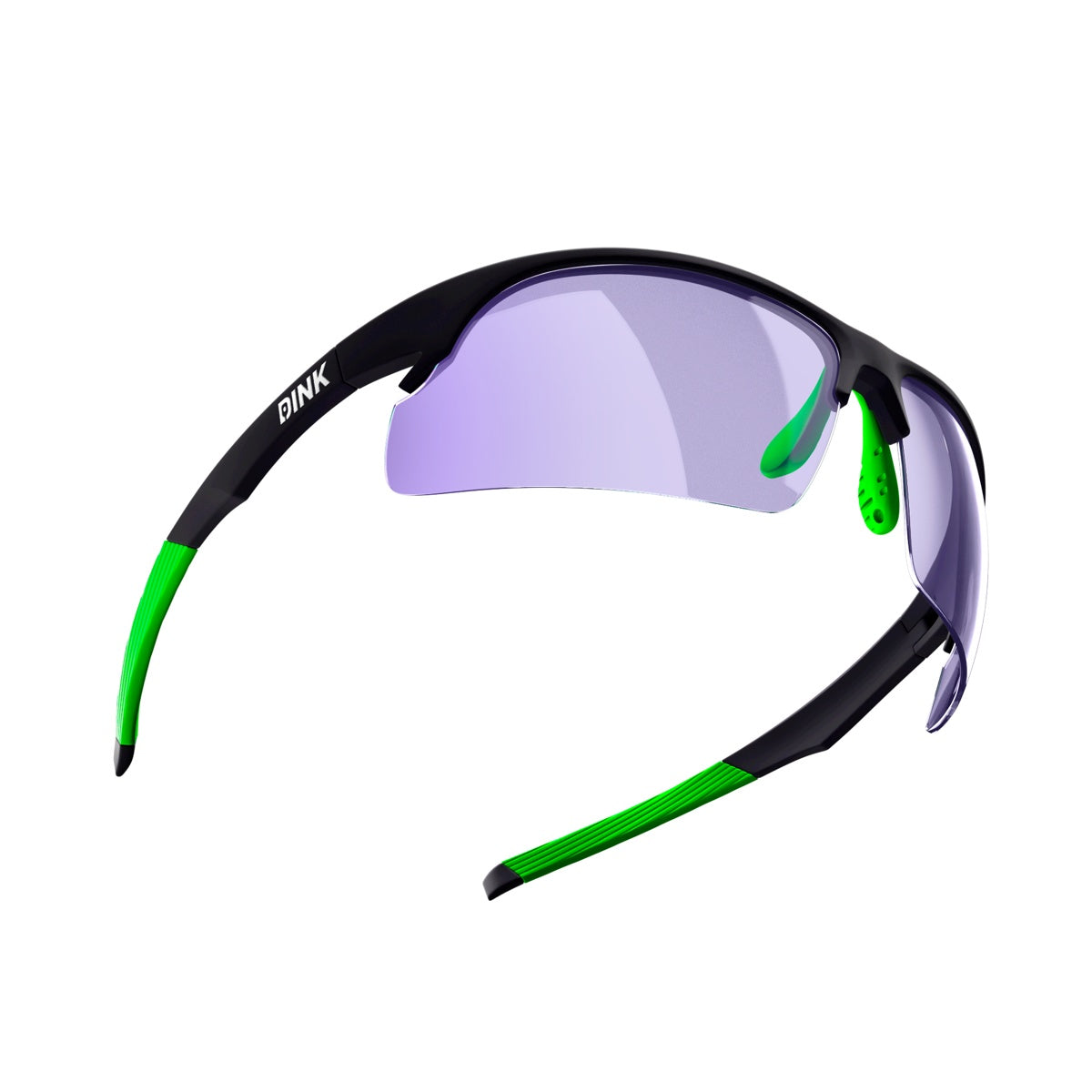 Daytona Pickleball Sunglasses - Black Green by Dink Eyewear feature a sporty wrap design with a black frame, purple-tinted lenses, and green accents. Lightweight and aerodynamic, they're perfect for pickleball and other active pursuits.