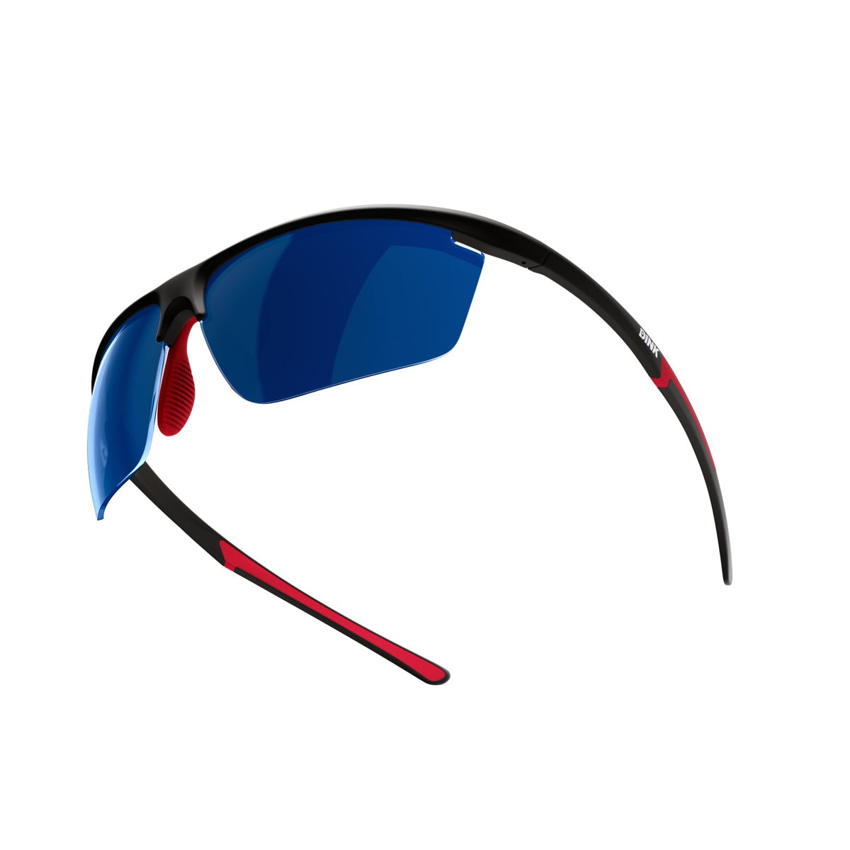 The Dink Eyewear Daytona Petite Pickleball Sunglasses feature blue semi-rimless lenses and a black wraparound frame with red temple accents and rubberized red nose pads for comfort, creating a sleek, aerodynamic look.