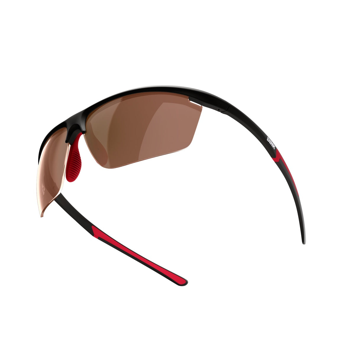 The Dink Eyewear Daytona Petite Pickleball Sunglasses feature a sleek black frame with red accents, a sporty wrap design, large brown-tinted lens for protection, and frameless lower rims for a modern look.
