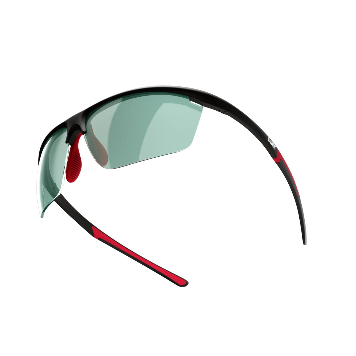 Dink Eyewear’s Daytona Petite Sunglasses in Black/Red feature a sleek, sporty wrap design with a black frame, green-tinted semi-rimless lenses, and red accents—lightweight and aerodynamic for athletic activities like pickleball.