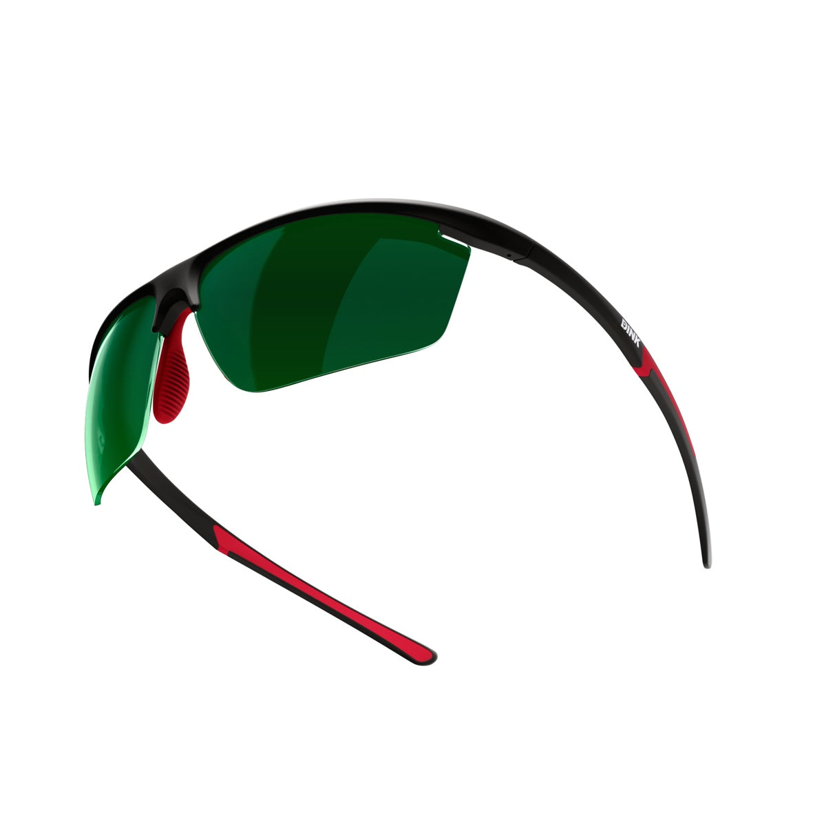 The Daytona Petite Sunglasses by Dink Eyewear feature a black frame, curved green lenses, and red accents on the nose pads and temple tips. Their sporty, lightweight wrap design is perfect for active use like pickleball. Shown on a plain white background.