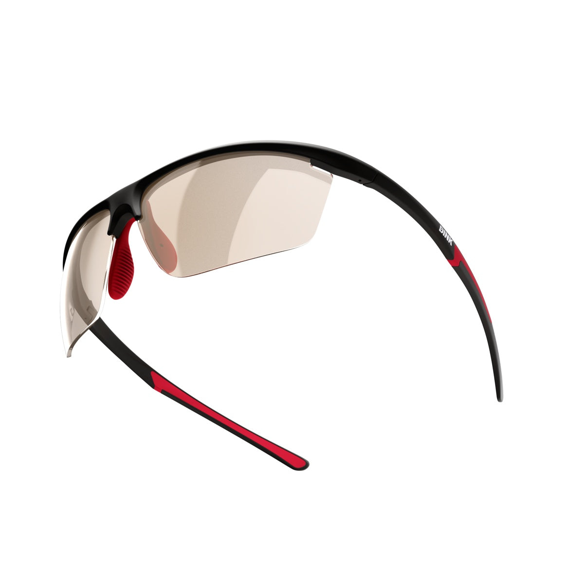 Dink Eyewear’s Daytona Petite Sunglasses – Black/Red feature a sporty wrap design with a black frame, red accents on the nose pad and ear tips, light brown-tinted lenses, and slim arms for lightweight comfort and a secure fit.
