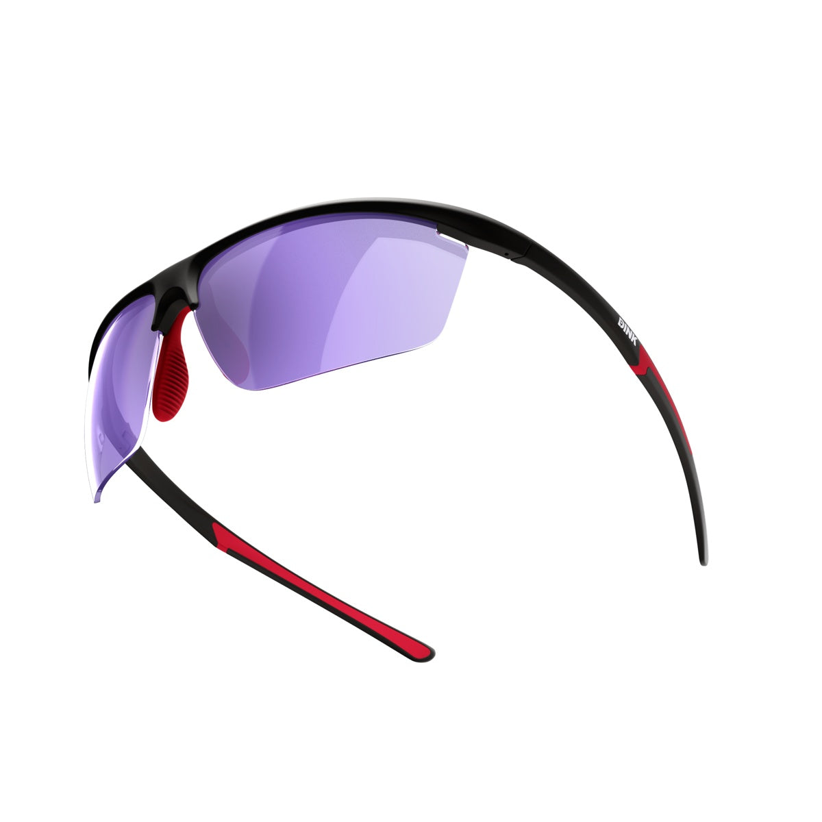 The Dink Eyewear Daytona Petite Sunglasses feature a sporty wrap design with a black frame, semi-rimless purple-tinted lenses, red-accented nose pads and inner arms, displayed on a white background.