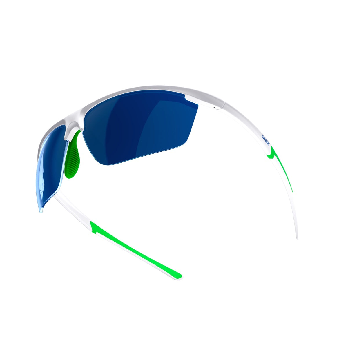 The Dink Eyewear Daytona Petite Pickleball Sunglasses feature a white lightweight frame, blue mirrored rectangular lenses, green rubber nose pads, and green temple accents. Sleek and aerodynamic, they're displayed on a white background.
