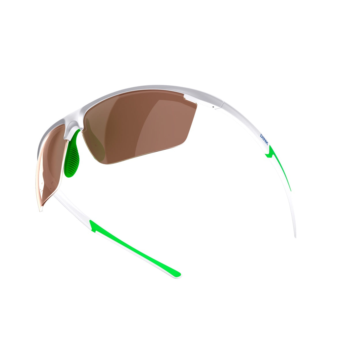 The Dink Eyewear Daytona Petite Sunglasses in White/Green feature a sporty wrap design, brown-tinted lenses, and bright green rubber accents on the nose pad and temple tips, shown against a plain white background.