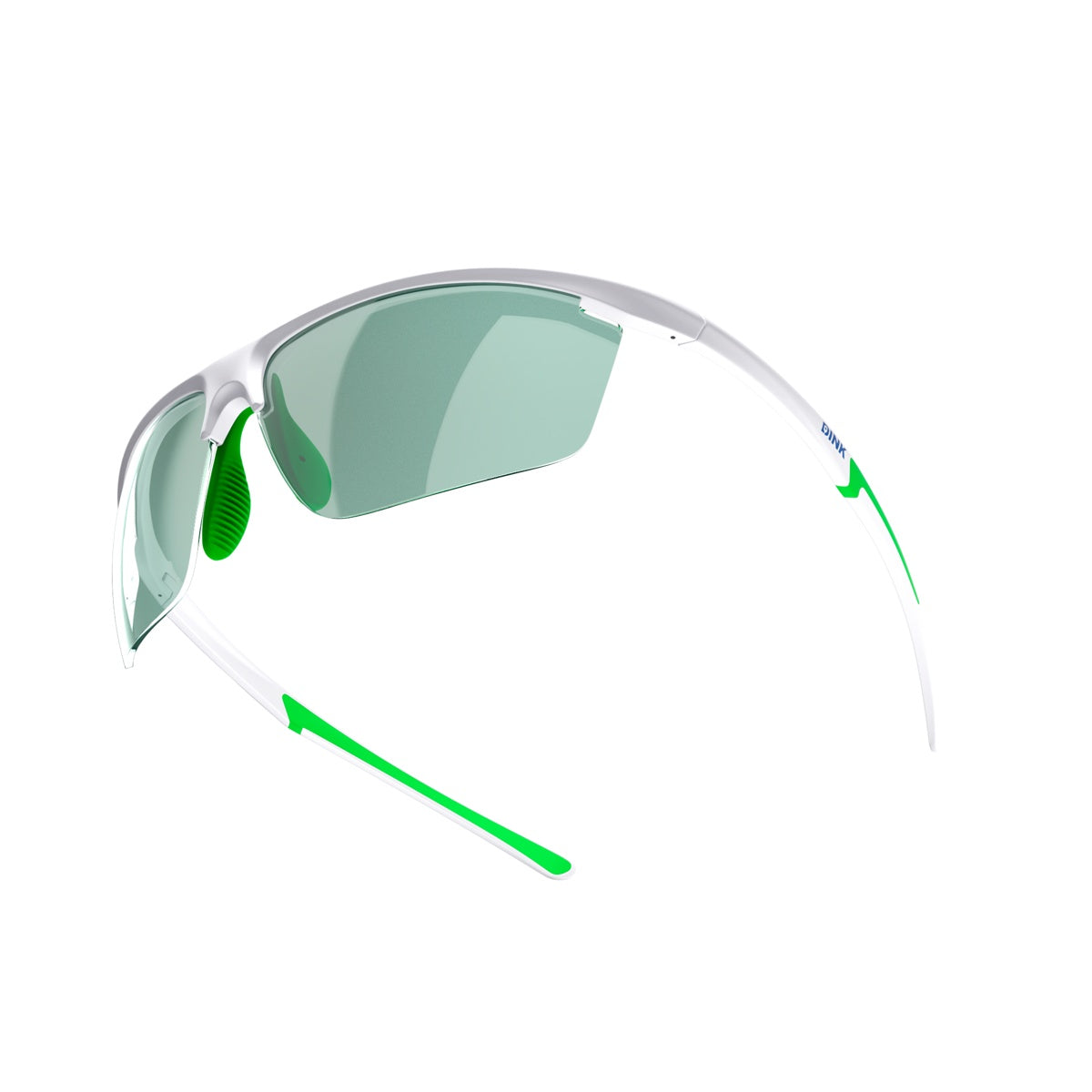 The Dink Eyewear Daytona Petite Pickleball Sunglasses feature a lightweight white frame, light green lenses, green nose pads, and green-tipped arms—ideal for outdoor sports like pickleball.