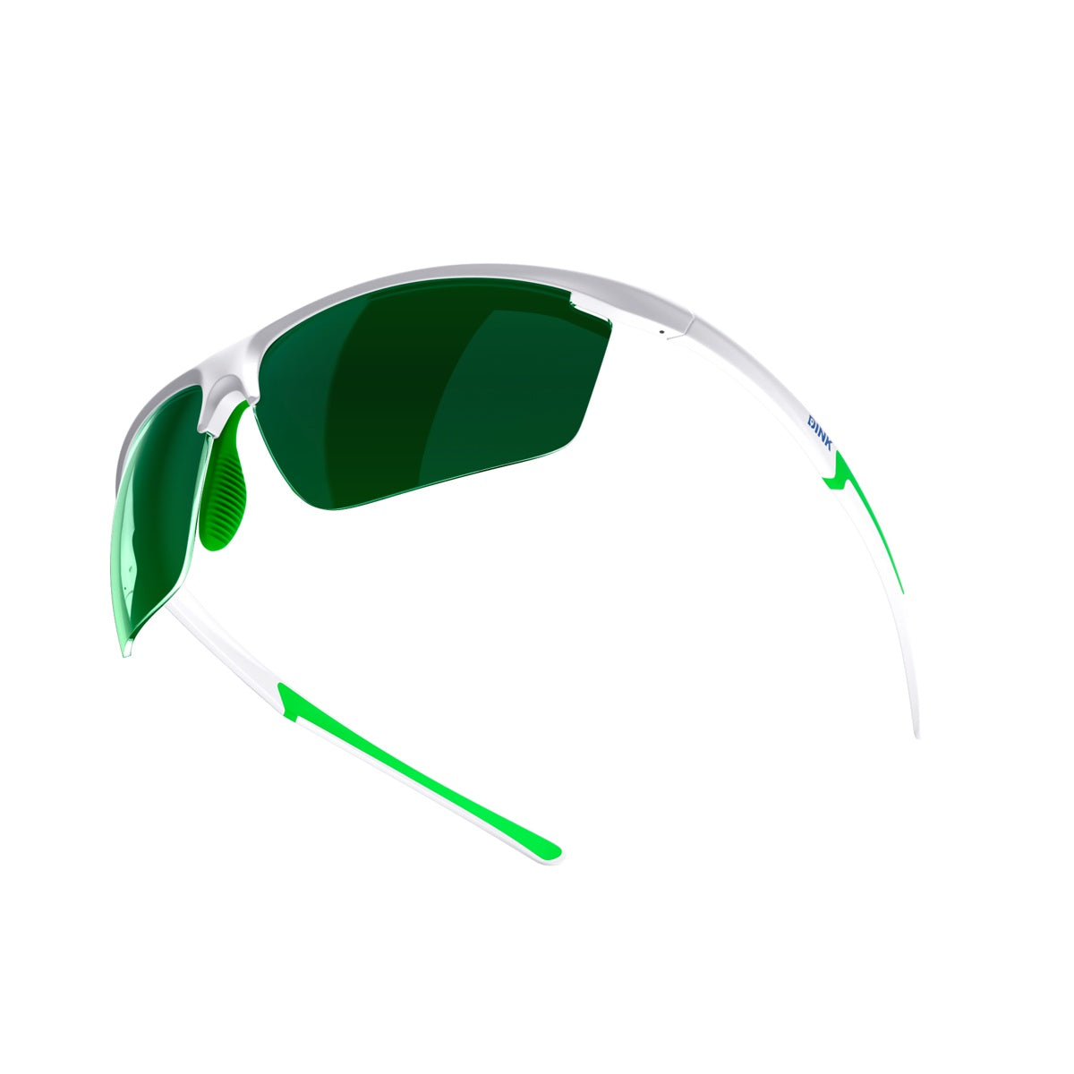 The Daytona Petite Pickleball Sunglasses by Dink Eyewear feature a white, lightweight frame with green accents, large green-tinted wraparound lenses, curved arms, and green nose pads—offering a sleek look ideal for active pickleball play.