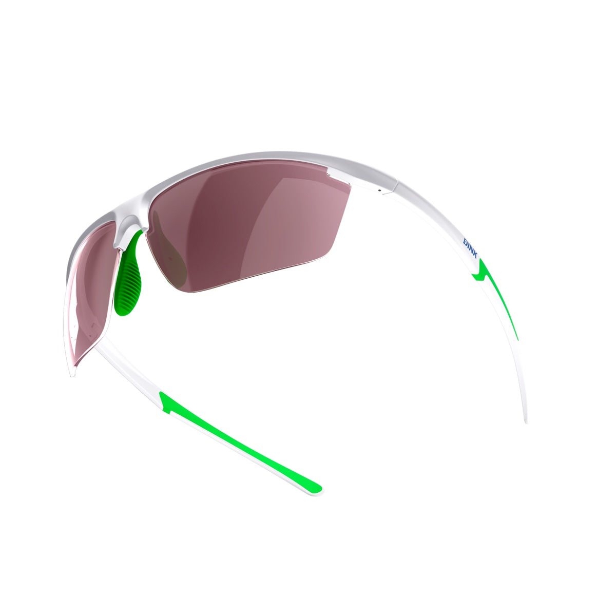 The Daytona Petite Pickleball Sunglasses by Dink Eyewear feature a lightweight white frame, light pink-tinted wraparound lenses, and green nose pads and temple tips—an aerodynamic design ideal for athletic or outdoor activities.