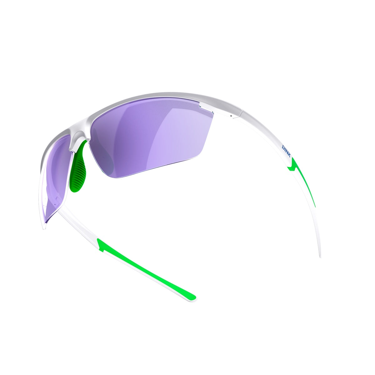 The Dink Eyewear Daytona Petite Pickleball Sunglasses feature a lightweight white frame, purple lenses, and green accents—modern, comfortable sport sunglasses perfect for pickleball, shown on a plain white background.