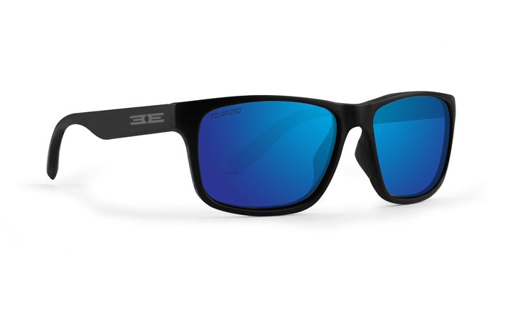 The Epoch Eyewear Delta sunglasses feature black frames with rectangular, reflective blue polarized lenses that enhance color. Lightweight in design, they display a white stylized logo on the left temple against a plain white background.